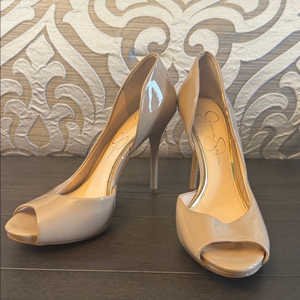 Jessica Simpson Nude Patent Peep-Toe Stiletto Heels